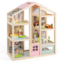 Wooden Dollhouse with Garage Furniture and Three Figures – Pink
