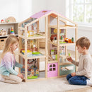 Wooden Dollhouse with Garage Furniture and Three Figures – Pink