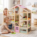 Wooden Dollhouse with Garage Furniture and Three Figures – Pink