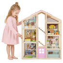Wooden Dollhouse with Garage Furniture and Three Figures – Pink