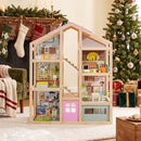Wooden Dollhouse with Garage Furniture and Three Figures – Pink