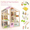 Wooden Dollhouse with Garage Furniture and Three Figures – Pink