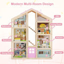 Wooden Dollhouse with Garage Furniture and Three Figures – Pink