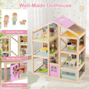 Wooden Dollhouse with Garage Furniture and Three Figures – Pink