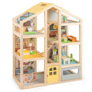 Wooden Dollhouse with Garage Furniture and Three Figures – Natural