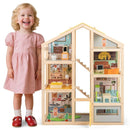 Wooden Dollhouse with Garage Furniture and Three Figures – Natural