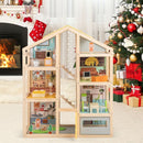 Wooden Dollhouse with Garage Furniture and Three Figures – Natural