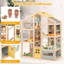Wooden Dollhouse with Garage Furniture and Three Figures – Natural