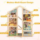 Wooden Dollhouse with Garage Furniture and Three Figures – Natural