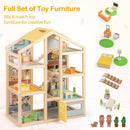 Wooden Dollhouse with Garage Furniture and Three Figures – Natural