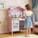 House-Shaped Play Kitchen with Stainless Steel Cookware – Pink