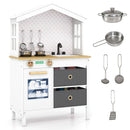 House-Shaped Play Kitchen with Stainless Steel Cookware – White