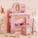 Pink Princess Vanity Table and Chair Set with lighted mirror, 2 drawers, and 2-tier bookshelf for kids' storage and.