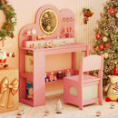Close-up of the pink Princess Vanity Table's lighted mirror and storage compartments, designed for kids' safe play and.