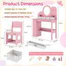 Princess vanity table and chair set in pink with lighted mirror, 2 drawers, and ample storage for kids' accessories.
