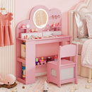 Pink Princess Vanity Table and Chair Set with lighted mirror, 2 drawers, and 2-tier bookshelf for kids' storage.