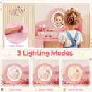 Princess vanity table set in pink with lighted mirror, 3 lighting modes, and ample storage for kids' accessories.