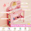 Princess vanity table set in pink with lighted mirror, 2 drawers, 2-tier bookshelf, and ample storage for kids' items.
