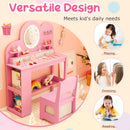 Princess vanity table and chair set in pink with lighted mirror, ample storage, and child-safe design for kids' play.