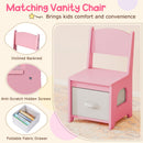 Pink matching vanity chair with inclined backrest and foldable fabric drawer for kids' comfort and convenience.