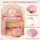 Princess vanity table set in pink with lighted mirror, 2 drawers, and child-safe features for kids' playroom.