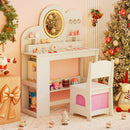 Princess vanity table set in white with lighted mirror, 2 drawers, and 2-tier bookshelf for kids' storage and play.