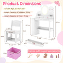 Princess vanity table and chair set in white with lighted mirror, 2 drawers, and ample storage for kids' accessories.