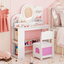 Princess vanity table and chair set in white with lighted mirror, storage drawers, and bookshelf for kids' room.