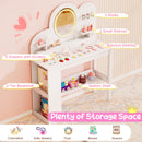 Spacious desktop of the princess vanity table set in white, featuring 3 hooks and 2 small shelves for organized storage.