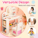 Princess vanity table set with lighted mirror, 2 drawers, and 2-tier bookshelf for kids' dressing and playtime.