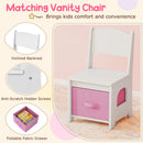 Matching vanity chair with inclined backrest and foldable fabric drawer, designed for kids' comfort and convenience.