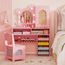 Pink princess makeup dressing table with 3-color lighted mirror, storage drawers, and ergonomic chair for kids'.