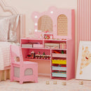 Pink Princess Makeup Dressing Table with 3-color lighted mirror, ergonomic chair, and ample storage for kids'.