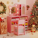 Charming pink kids' vanity set featuring a spacious 2-tier cabinet and multi-color lighted mirror for imaginative play.