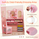Princess Makeup Dressing Table in pink with 3-color lighted mirror, ergonomic chair, and ample storage for kids'.