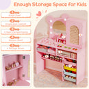 Pink Princess Makeup Dressing Table with 3-color lighted mirror, ample storage, and ergonomic chair for kids' playtime.