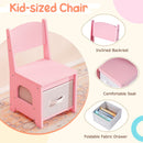 Kid-sized chair in pink with an inclined backrest and foldable fabric drawer for comfortable seating and storage.
