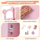 Detail shot of the Princess Makeup Dressing Table's adorable bear-shaped door stopper and easy-to-clean surface in pink.