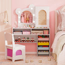 Princess makeup dressing table with 3-color lighted mirror, ergonomic chair, and ample storage for kids' essentials.