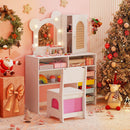 Princess makeup dressing table set with decorative mirror, ample storage, and ergonomic chair, perfect for kids' play.