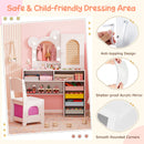 Princess makeup dressing table set in white with a 3-color lighted mirror, ergonomic chair, and ample storage for kids.
