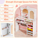 Princess makeup dressing table in white with 3-color lighted mirror, storage drawers, and safety features for kids.