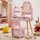 Kids dressing table set in pink with LED mirror, storage drawers, and matching chair for imaginative play.