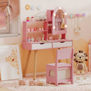 Kids dressing table set in pink with LED mirror, storage drawers, and matching chair for imaginative play and.
