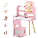Close-up of the 3-color LED lighted mirror on the pink dressing table, showcasing adjustable brightness for realistic.