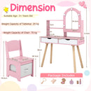 Detailed view of the pink dressing table's open shelf and hidden compartment, designed for organized play and storage.
