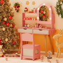 Pink kids dressing table set featuring a child-sized chair and LED mirror, designed for imaginative play and.