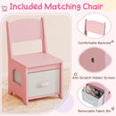 Child-sized pink chair with comfortable backrest and removable fabric bin for added storage in a kids' dressing table.