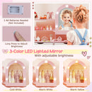 Kids dressing table set in pink with a 3-color LED lighted mirror and adjustable brightness for imaginative play.