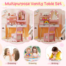 Kids' pink vanity table set with 3-color LED mirror, storage drawers, and matching chair for dressing and creative play.